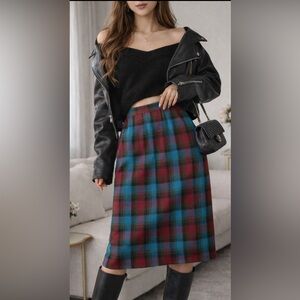 Vintage Plaid Midi Skirt Red Teal Black Grunge Preppy Cottagecore Size 12